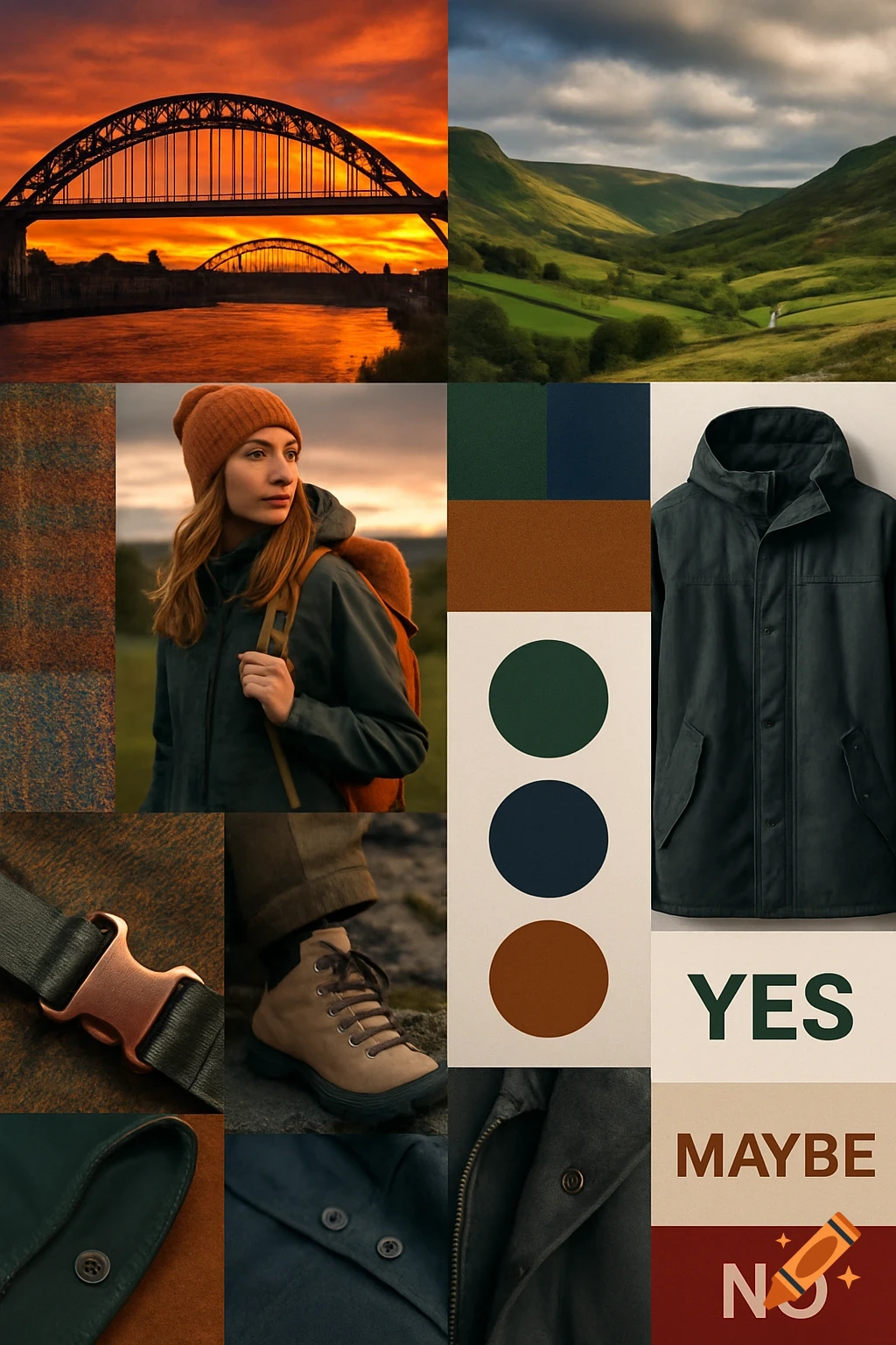 A design mood board with images of a bridge at sunset, green valleys, a woman in hiking gear, fabric swatches, and labels 'YES', 'MAYBE', 'NO'.