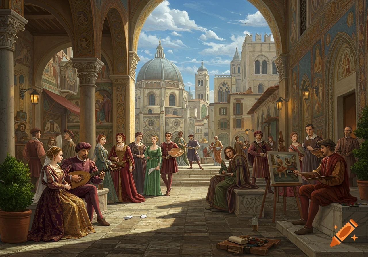 A detailed painting of a bustling Renaissance town square with elegantly dressed people, musicians, and artists painting.