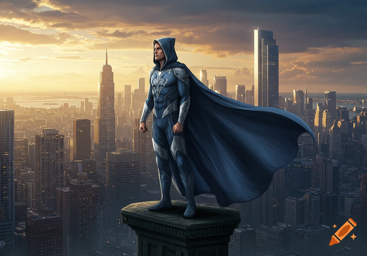 A male superhero in a blue hooded suit and flowing cape stands atop a skyscraper, overlooking a vast city at sunset, photorealistic style.