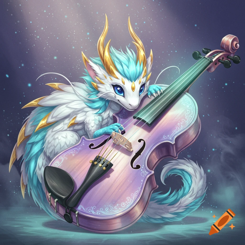 A cute, stylized white and teal dragon with gold horns and scales rests on a glowing, ornate purple and teal violin. Fantastical illustration.