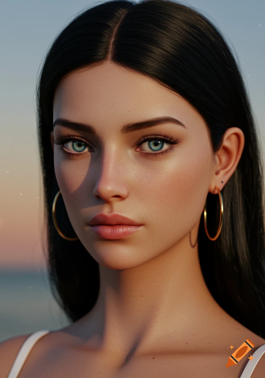 Realistic portrait of a beautiful woman with dark hair, striking blue eyes, and gold hoop earrings.