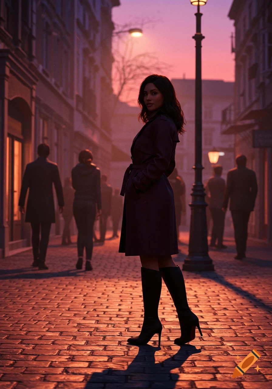 A woman in a trench coat and high boots stands on a cobblestone city street at sunset, looking over her shoulder.
