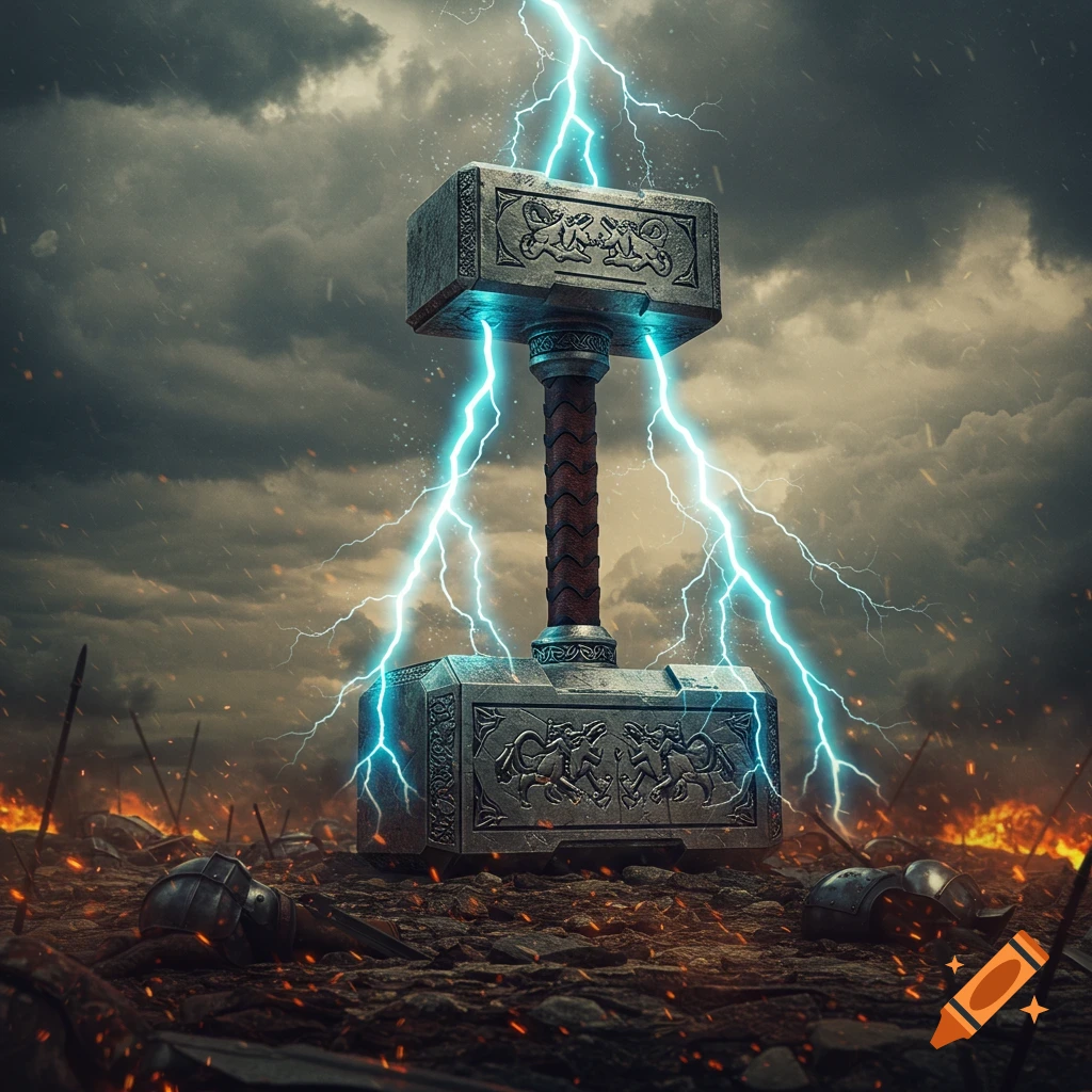 An ornate warhammer struck by blue lightning stands on a fiery battlefield under a stormy sky.