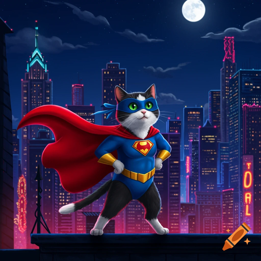 A cartoon tuxedo cat dressed as a superhero, wearing a blue suit, red cape, and mask, stands on a rooftop overlooking a neon city at night.