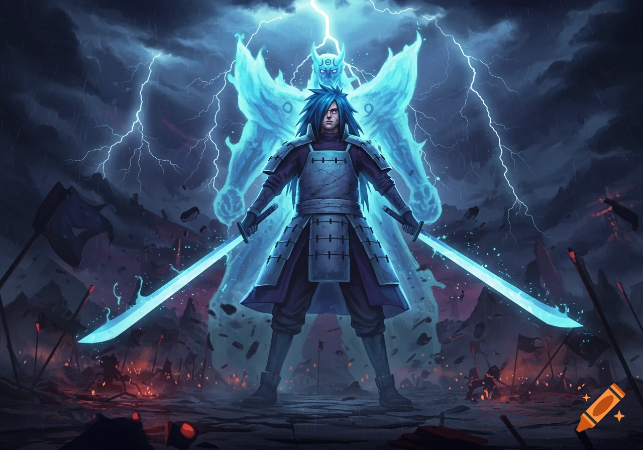 Madara Uchiha stands powerfully with two glowing swords, backed by his Susanoo avatar amidst a stormy, lightning-filled battlefield.
