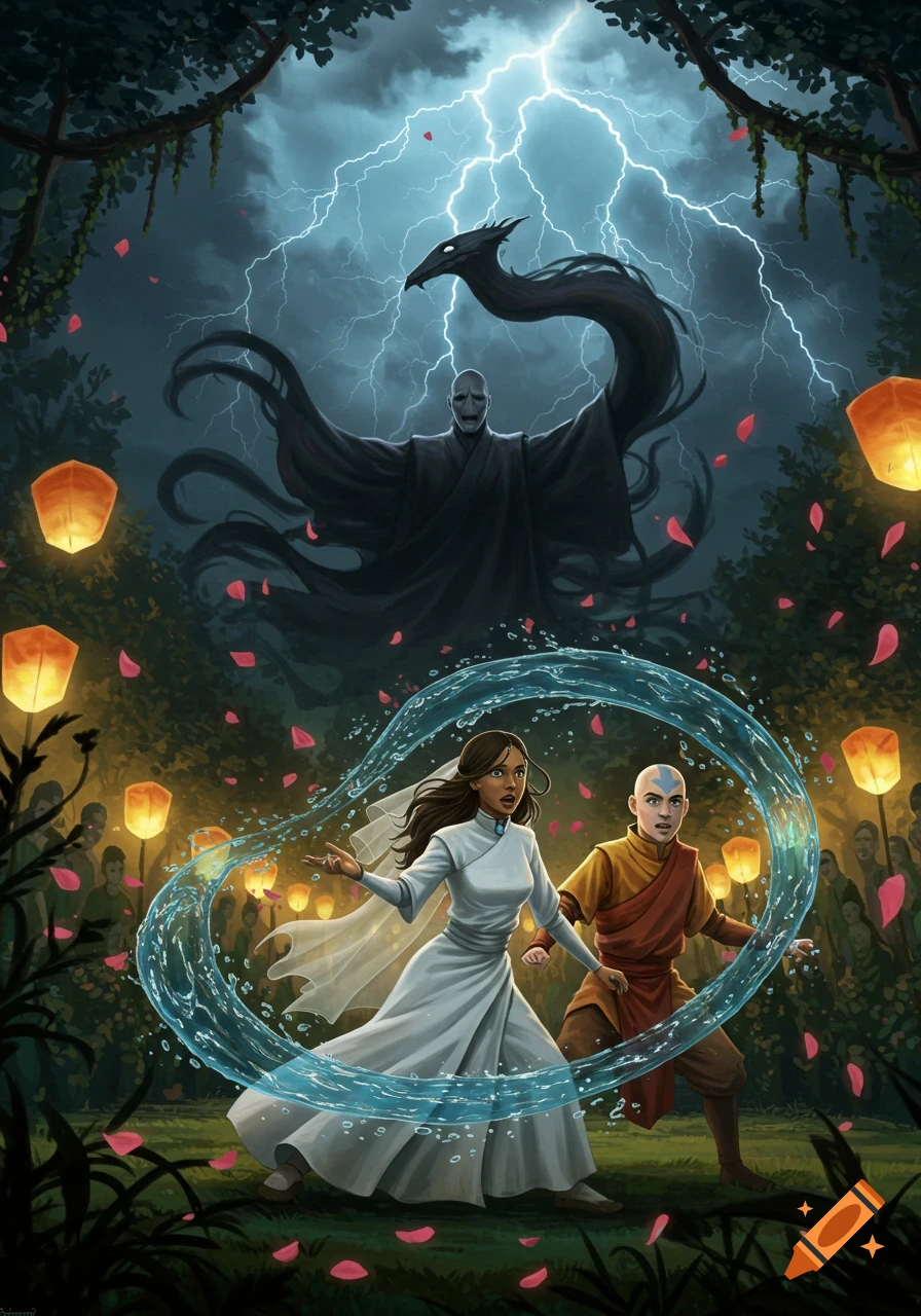 Aang and Katara use waterbending to defend against Voldemort and a shadowy creature at their outdoor wedding with lightning.
