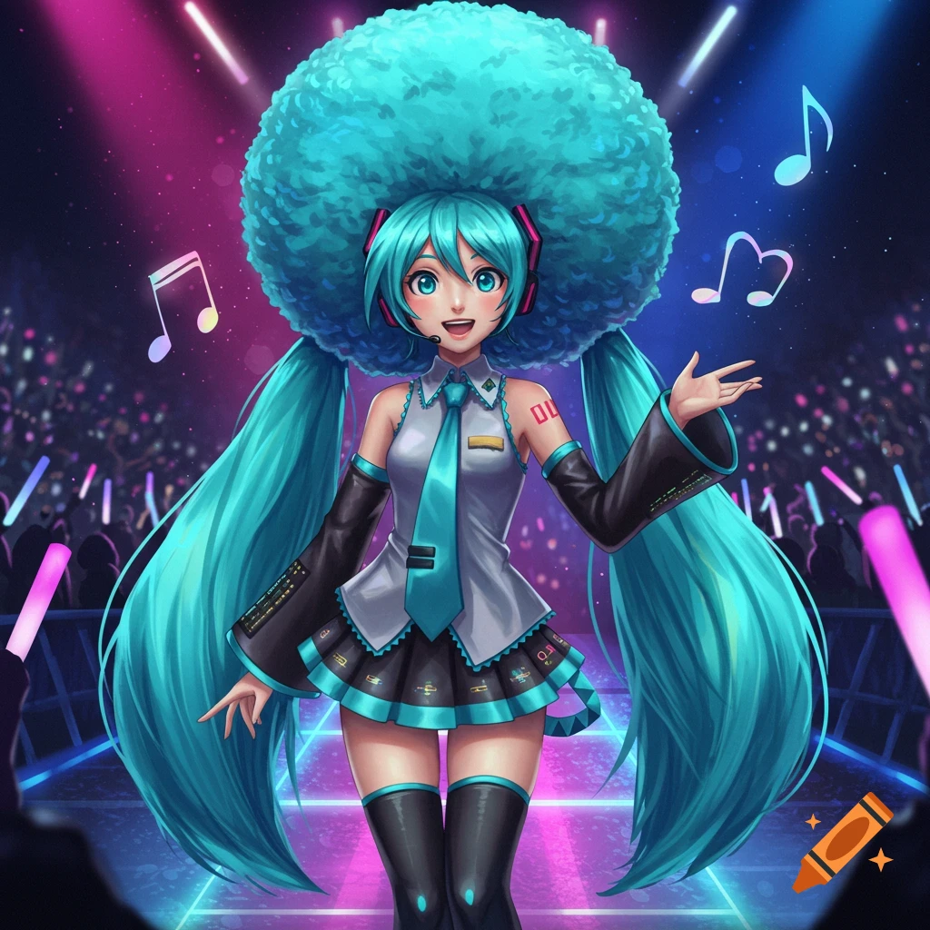 Hatsune Miku with a large afro, standing on a glowing stage, musical notes floating, in an anime style.