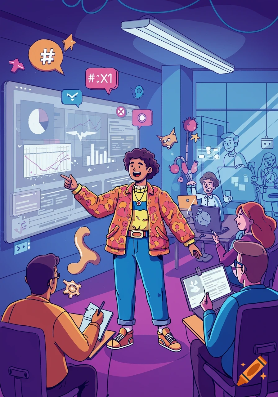 A cartoon illustration of a digital marketer presenting data on a large screen to a room full of students or colleagues, with social media icons floating around.