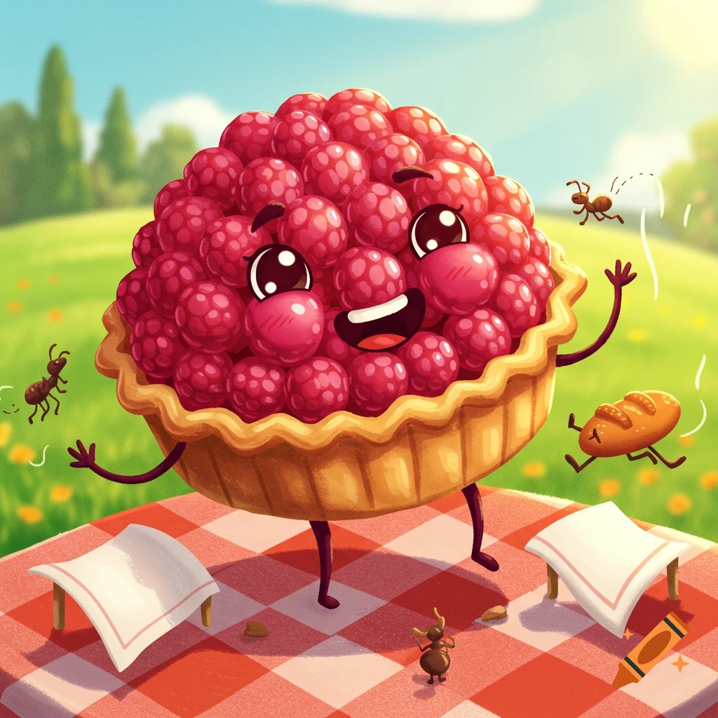 A cute, smiling raspberry pie cartoon character on a picnic blanket with ants and a running baguette in a sunny park.