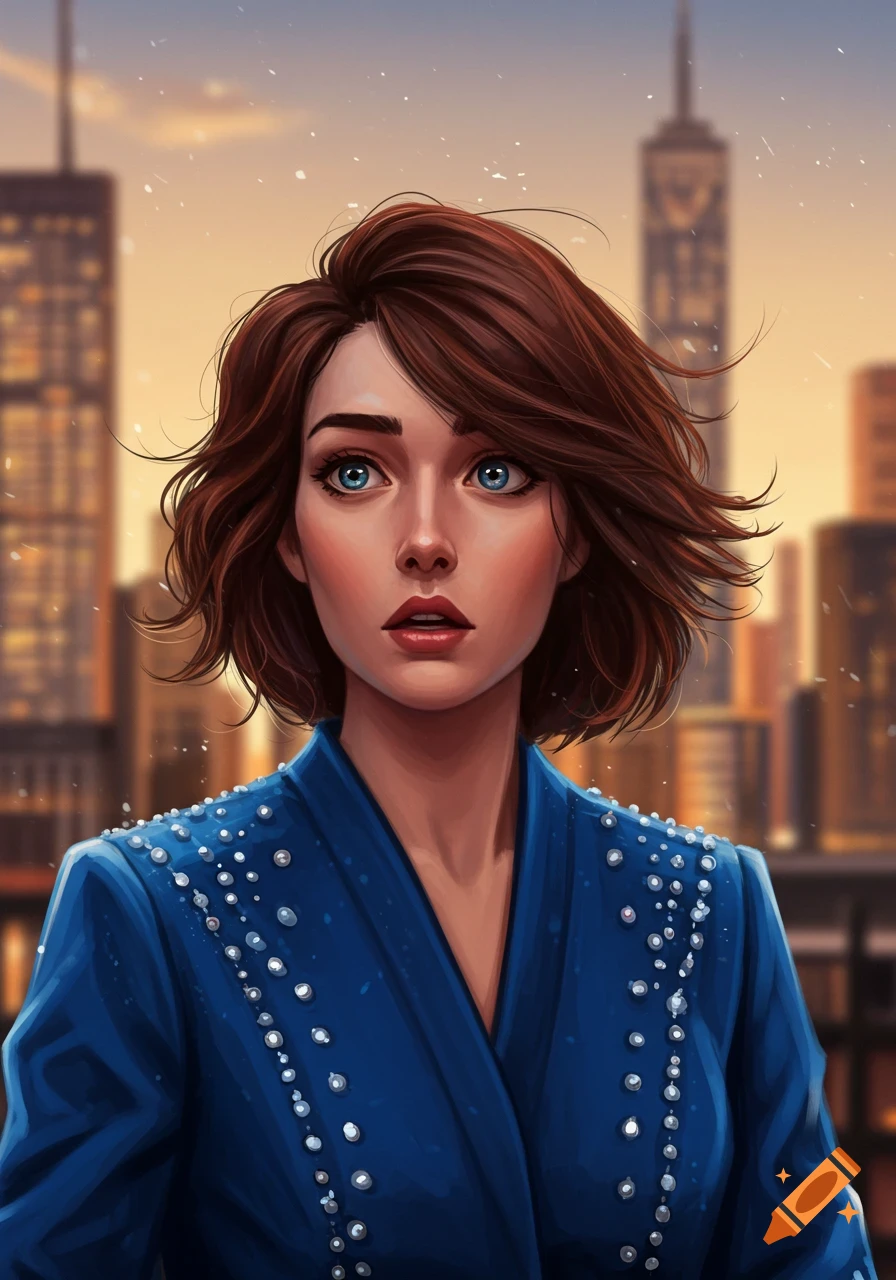 Digital art portrait of a young woman with short brown hair and blue eyes, wearing a blue embellished jacket, looking curious against a city sunset.