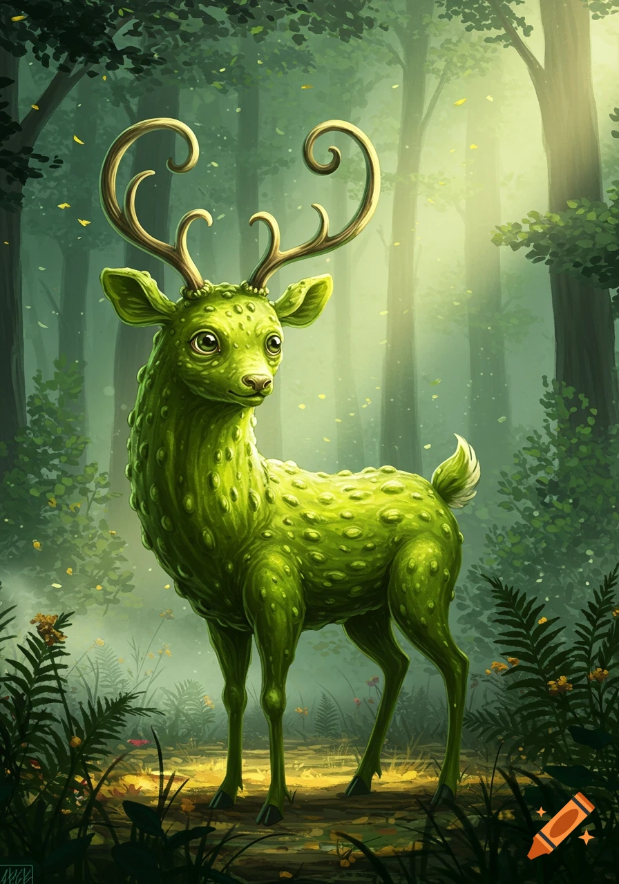 An illustrated green, pickle-textured deer with golden, curly antlers stands in a sunlit fantasy forest.