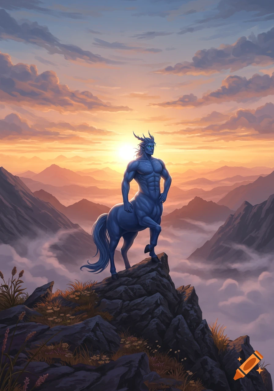 A majestic blue centaur with glowing eyes stands on a mountain peak, looking out over a vast, misty mountain range at sunset.