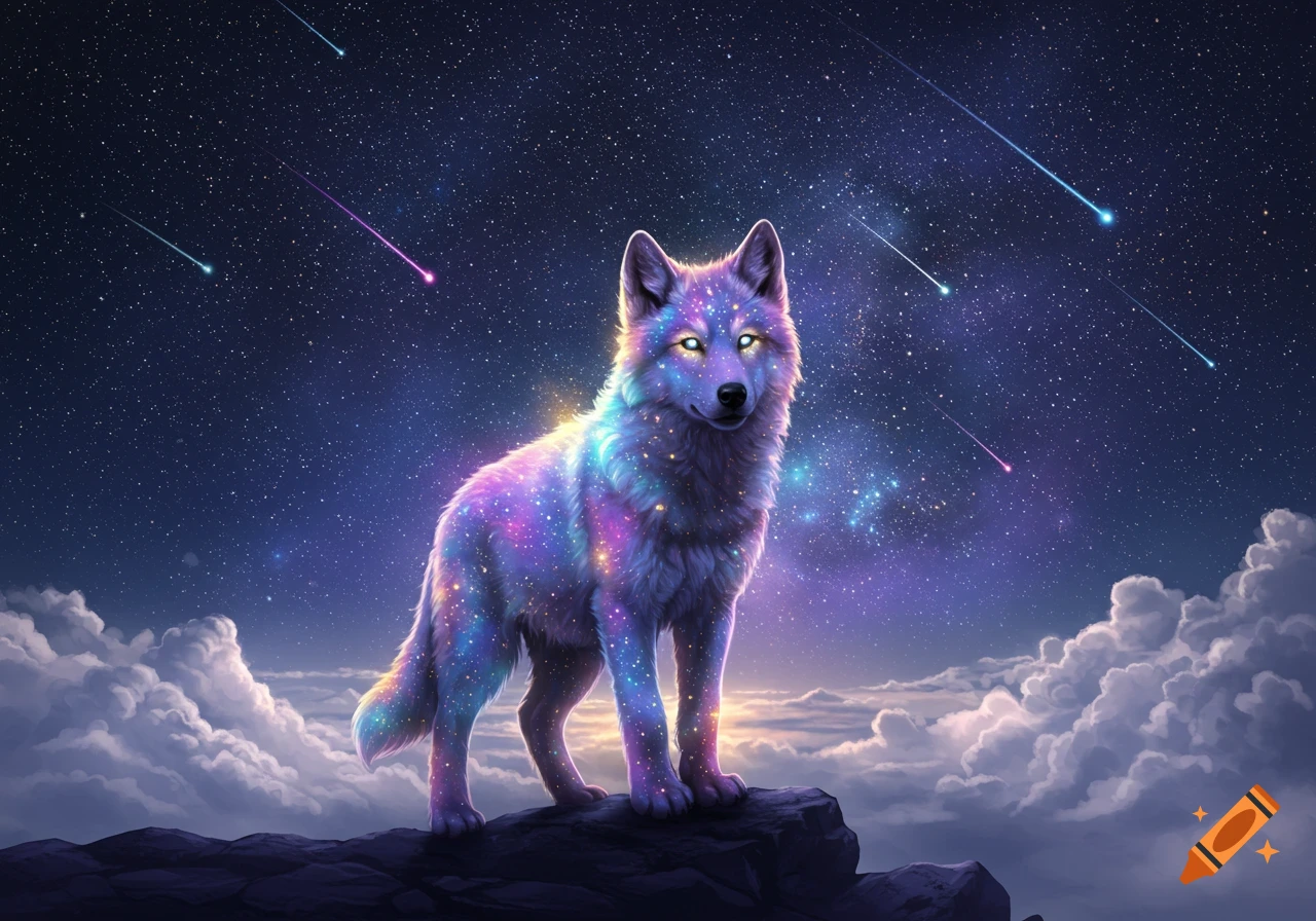 A vibrant, glowing 'galaxy wolf' with fur patterned like a nebula stands on a rocky outcrop under a starry night sky with clouds.