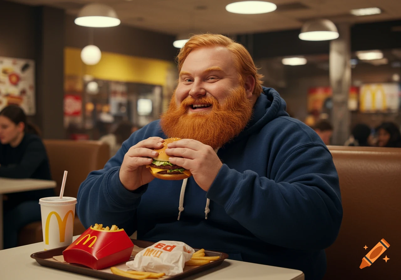 A smiling man with an orange beard and blue hoodie eats a burger at McDonald's, with fries and a drink on a tray.
