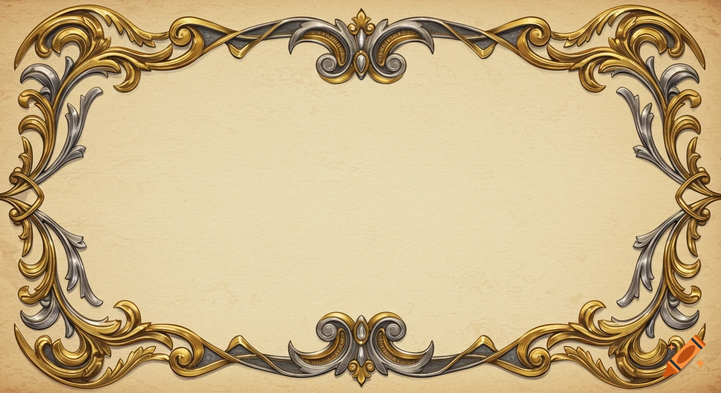 Ornate gold and silver filigree border on a beige background, medieval decorative style.