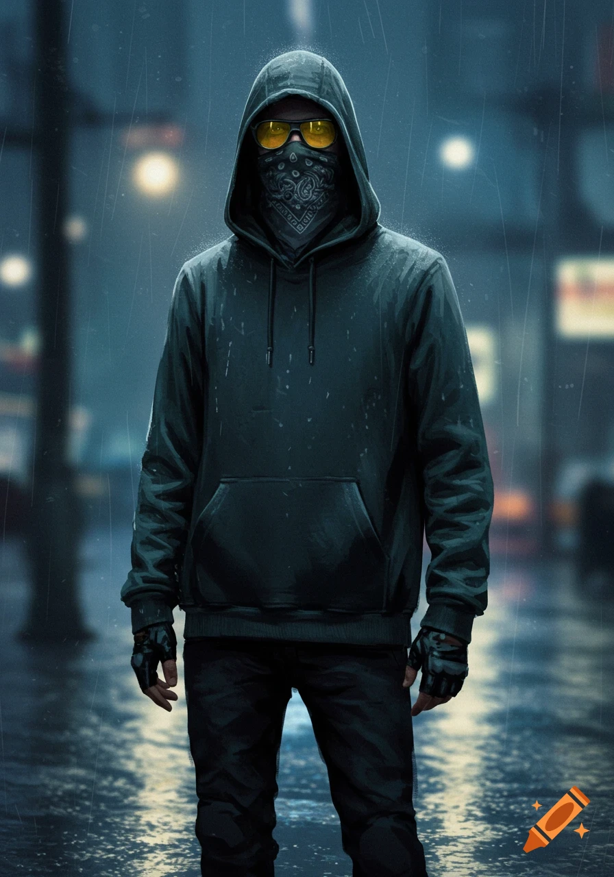 A man in a dark hoodie, bandana, and yellow tactical glasses stands in the rain on a street at night.
