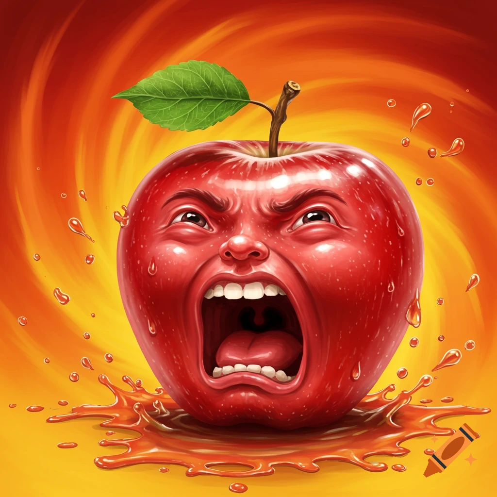 Stylized illustration of a red apple with a screaming human face, splashing juice on a yellow-orange background.