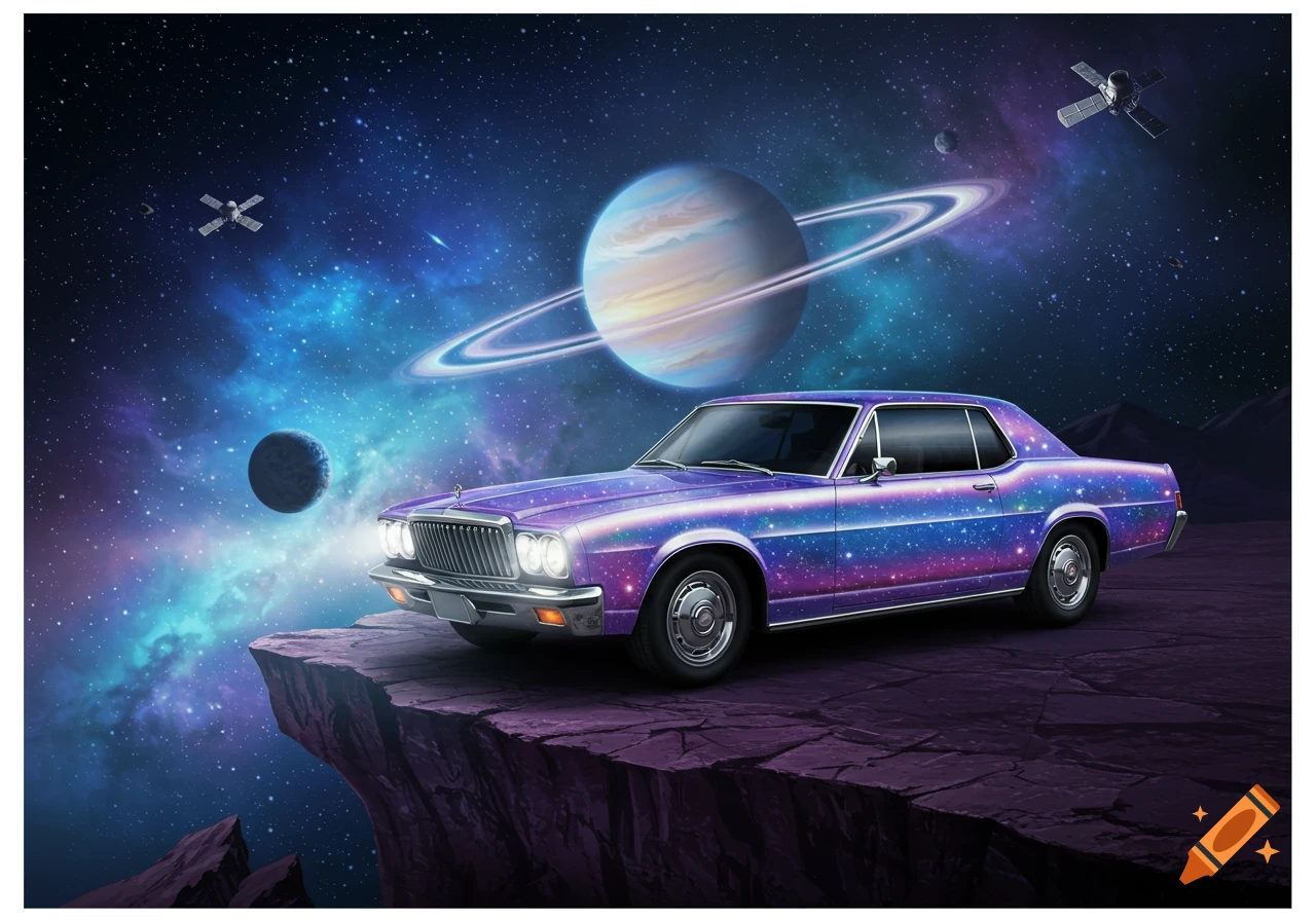 A galaxy-patterned purple classic car sits on a rocky cliff edge, overlooking a cosmic scene with planets and satellites.