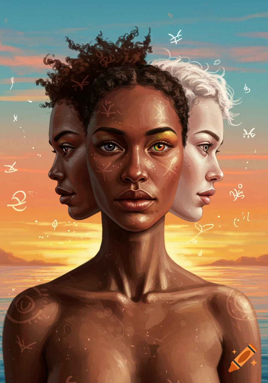 A stylized portrait of three women's faces merging, dark-skinned in front with two profiles behind, against a sunset. Mystical symbols adorn skin and sky.