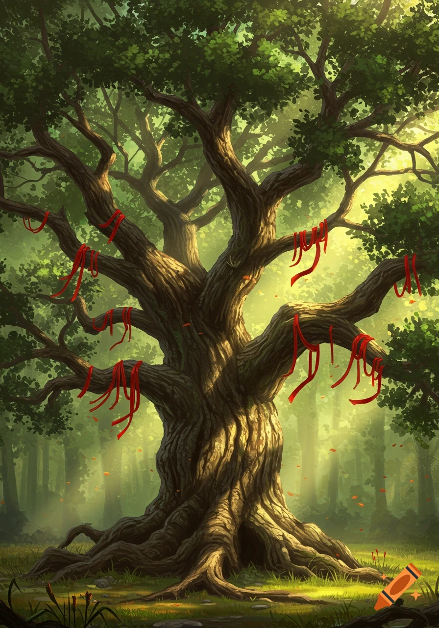 A large, ancient tree with sprawling branches adorned with numerous small red prayer ties, standing in a sun-dappled forest.