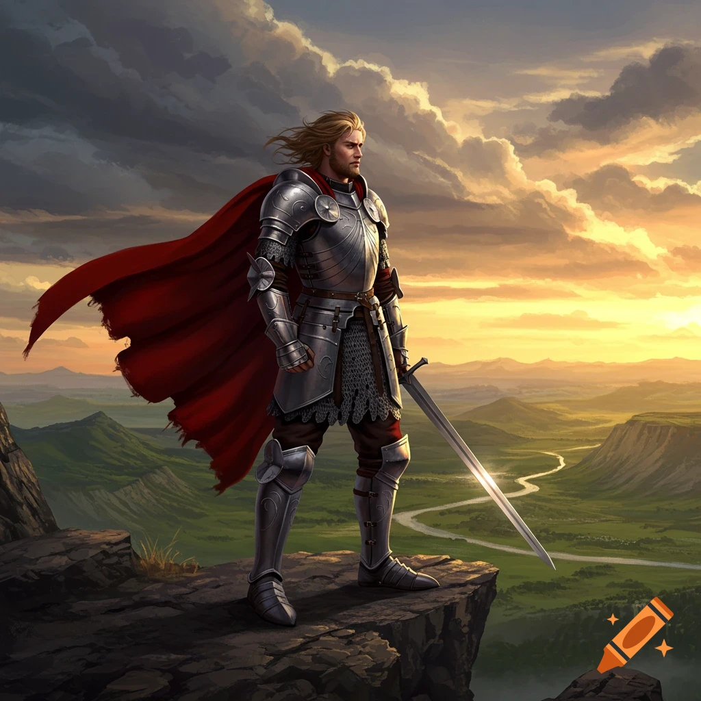 A knight in shining armor with a red cape stands on a cliff overlooking a vast green landscape with a winding river at sunset, holding a sword.