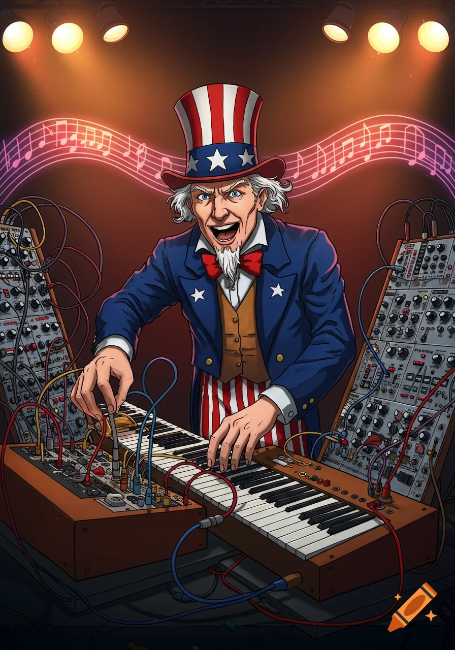 Cartoon Uncle Sam in his signature suit and top hat, gleefully playing two modular synthesizers on a lit stage with musical notes in the background.