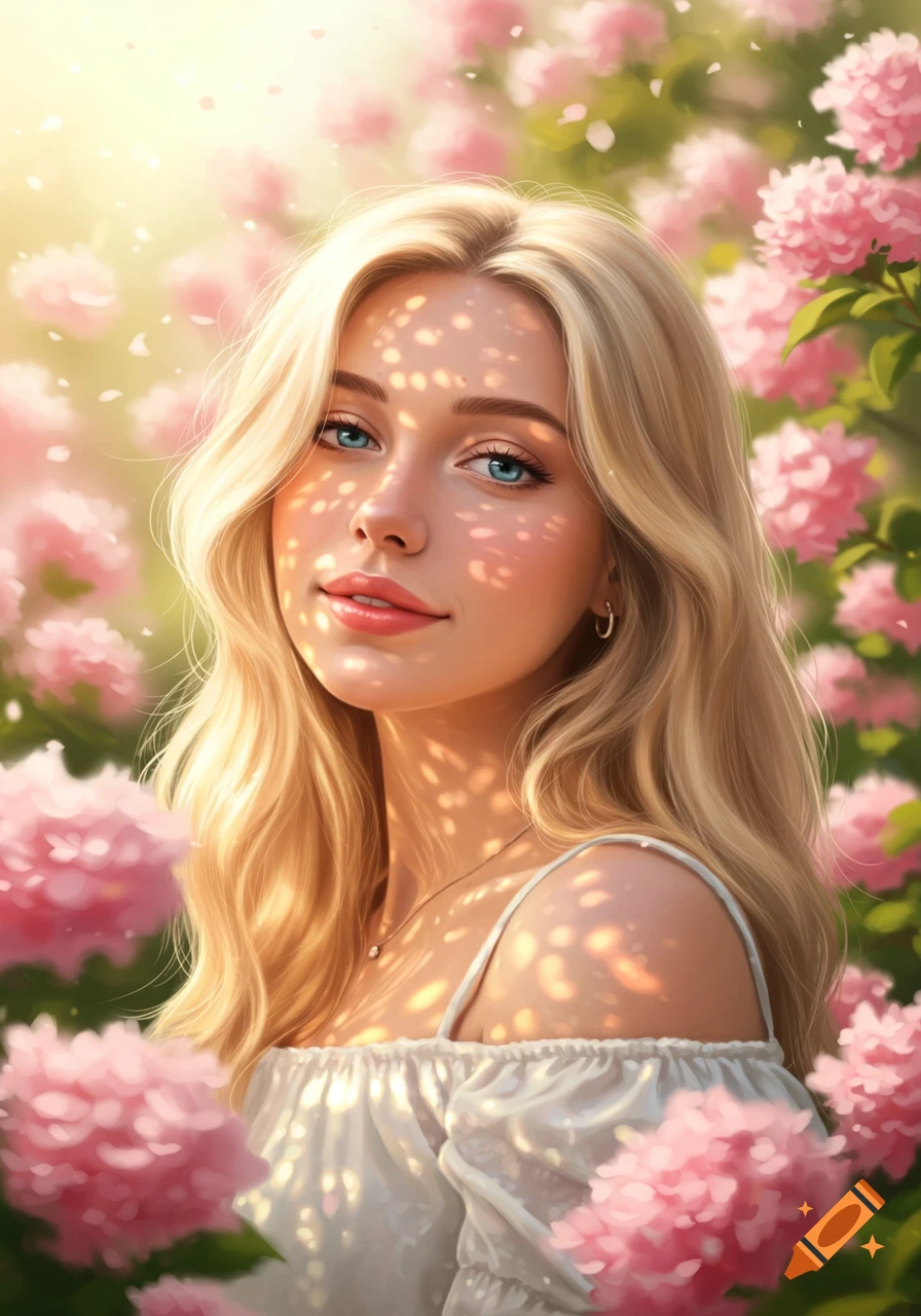 A young blonde woman with blue eyes smiles, dappled in sunlight, surrounded by vibrant pink flowers in a soft, ethereal portrait.