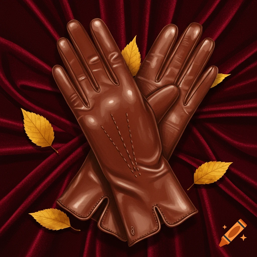 Two brown leather gloves crossed on a rich red velvet background, adorned with golden autumn leaves.