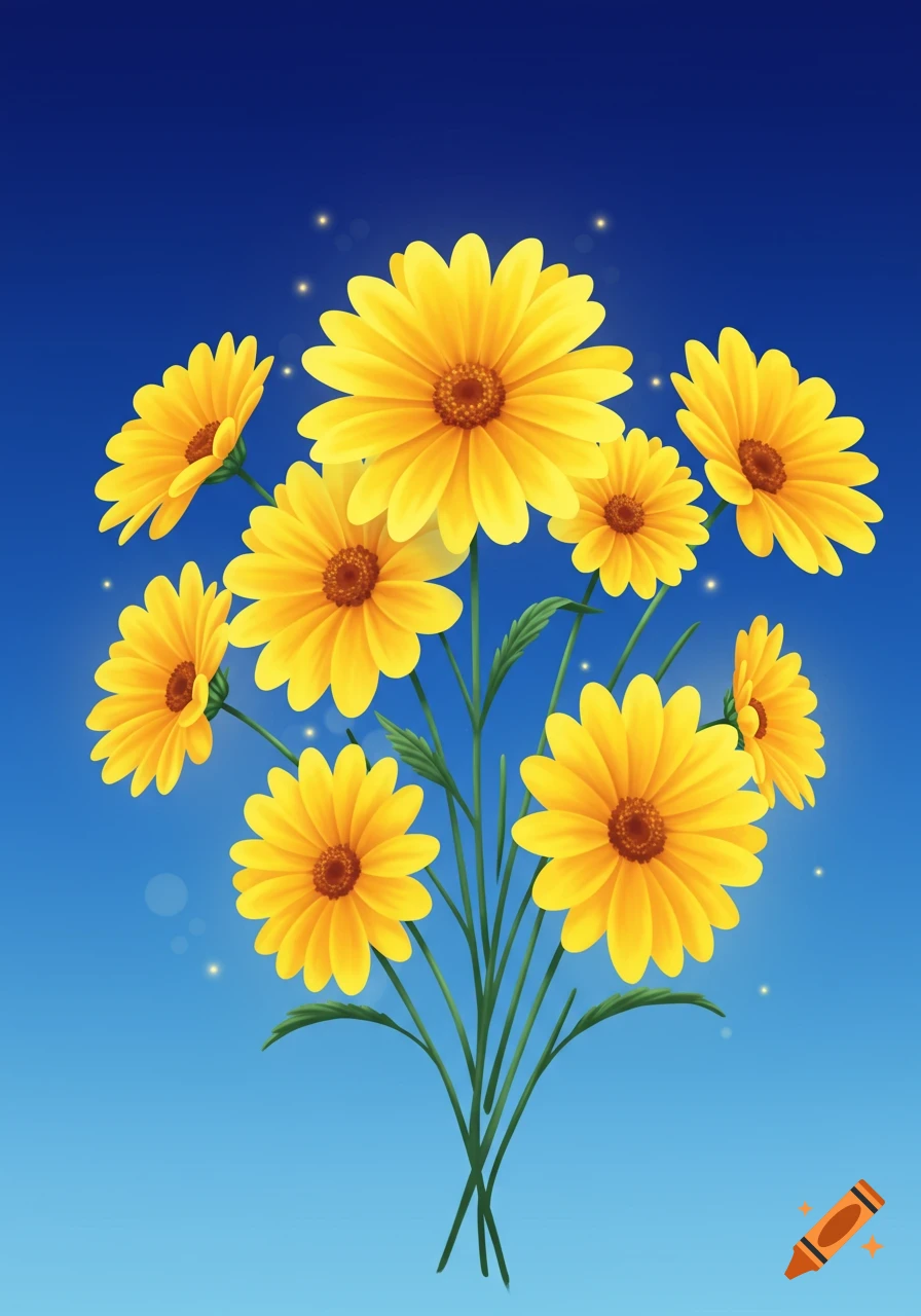 A bouquet of vibrant yellow flowers with green stems against a gradient blue background with subtle sparkling lights.