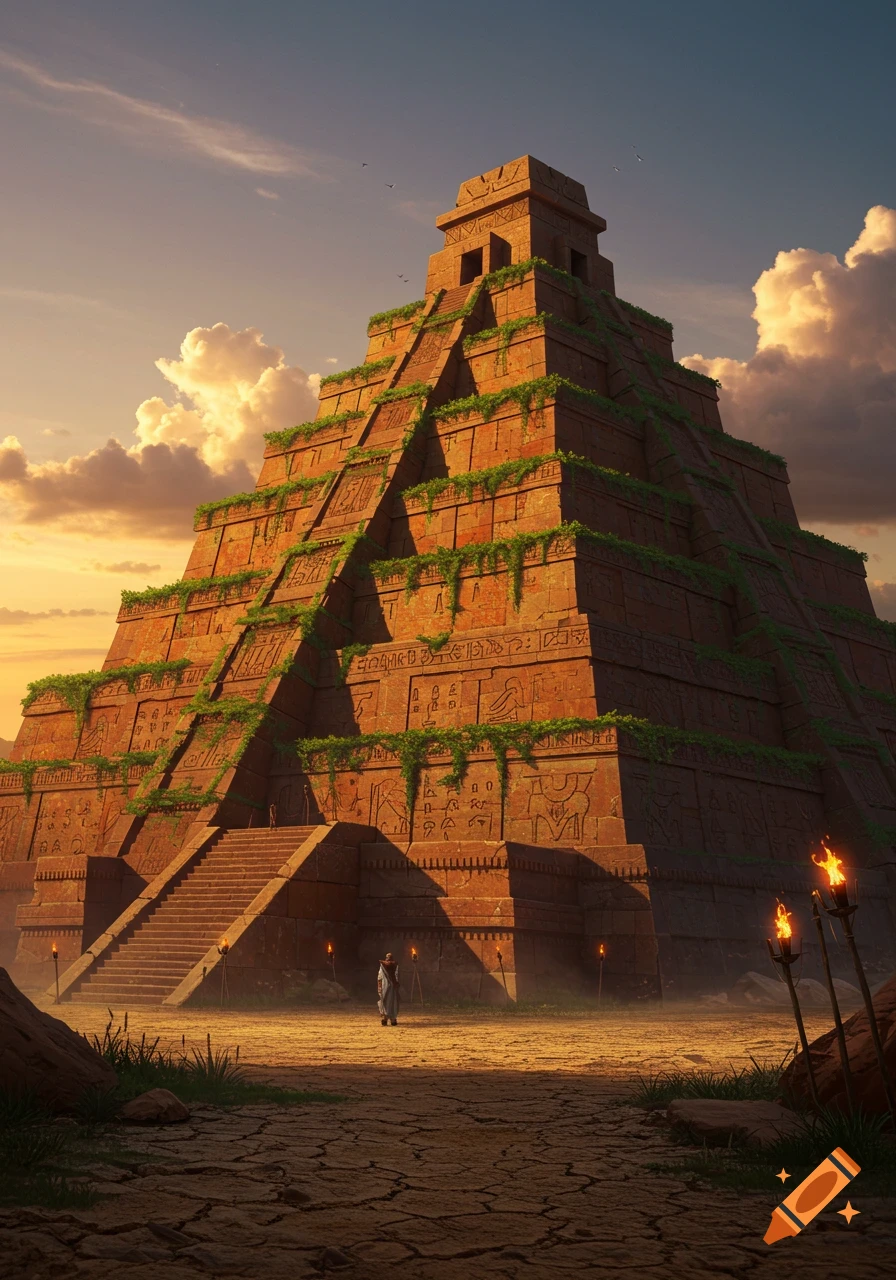A majestic ancient ziggurat, covered in intricate carvings and vines, rises against a dramatic sunset sky. A lone figure stands at its base.