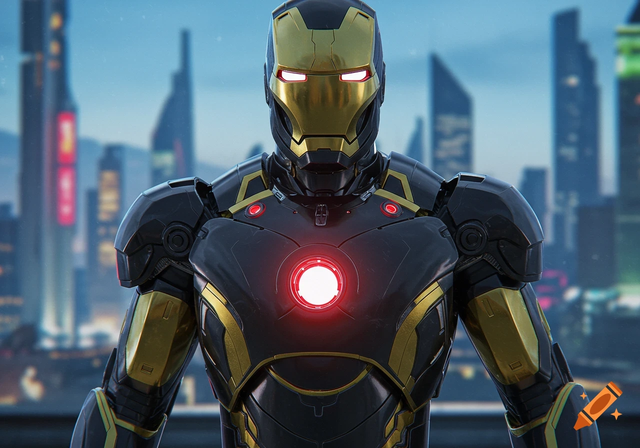 Close-up of Iron Man's black and gold armor with a glowing red arc reactor, against a blurred futuristic city.