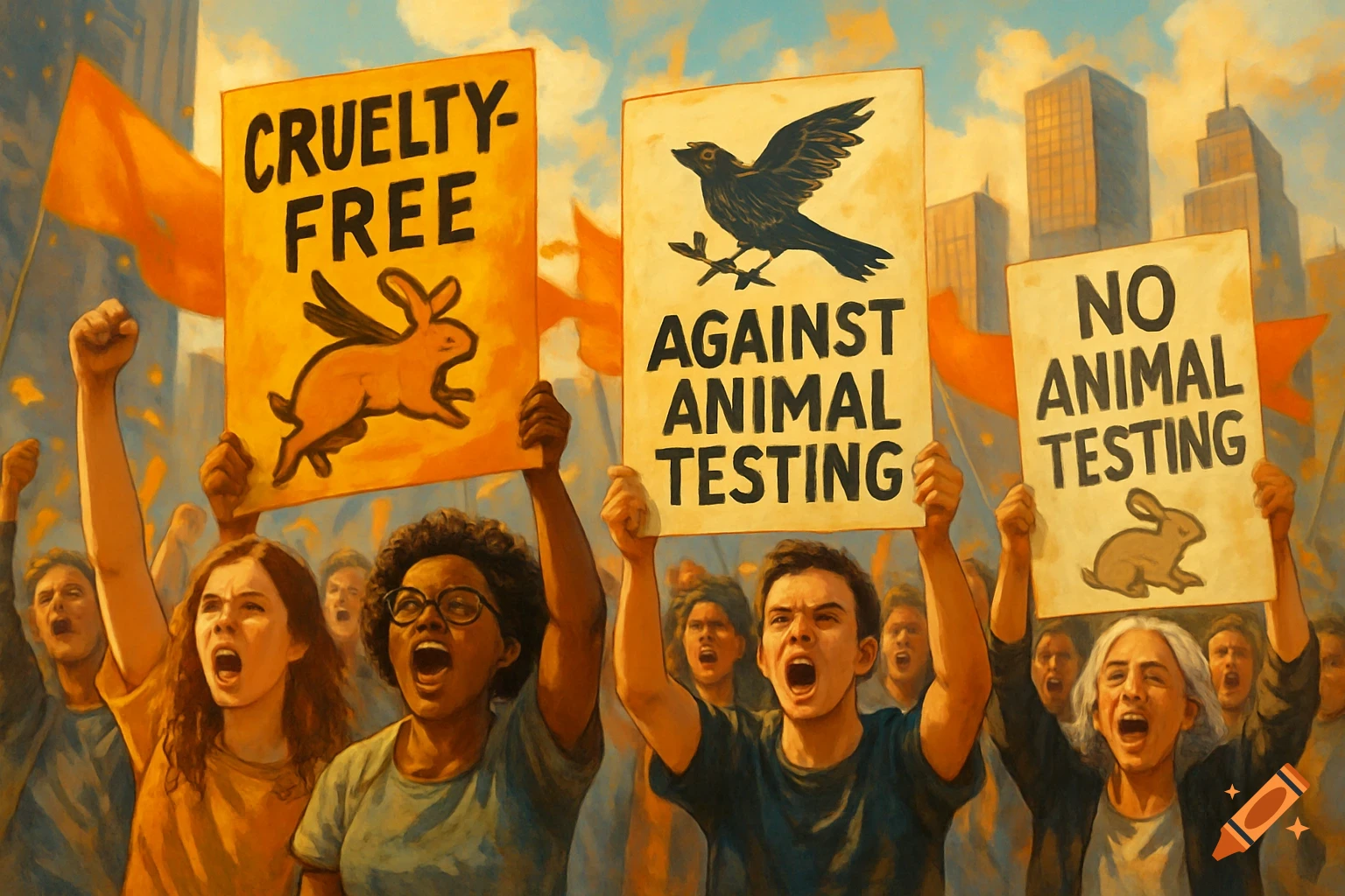 A crowd of diverse protestors holding signs that read 'CRUELTY-FREE', 'AGAINST ANIMAL TESTING', and 'NO ANIMAL TESTING' in a painterly style.