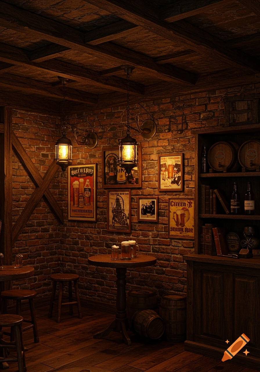 A dimly lit, rustic pub interior with brick walls, exposed wooden beams, hanging lanterns, several beer posters, and a wooden shelf with barrels and books.