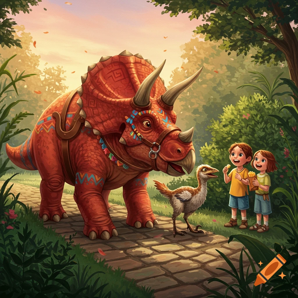 A whimsical illustration shows a friendly red triceratops, a small dinosaur, and two children on a forest path at sunset.