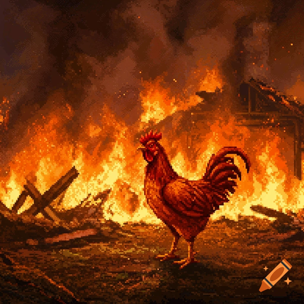 An angry pixel art rooster stands amidst a scene of roaring fire and burning ruins, in PlayStation 1 style.