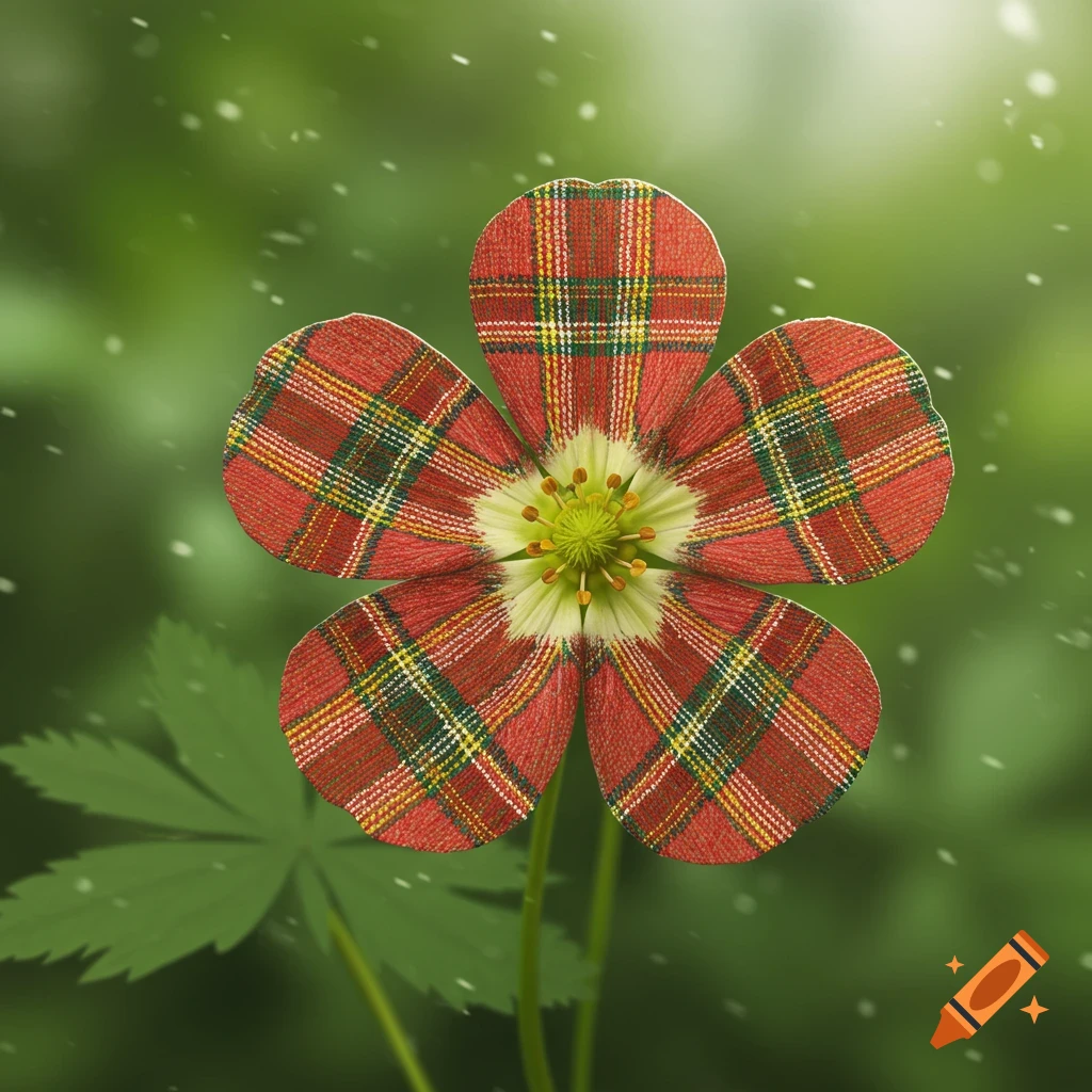 Close-up of a five-petaled flower with red and green tartan petals against a blurred green background with light specks.