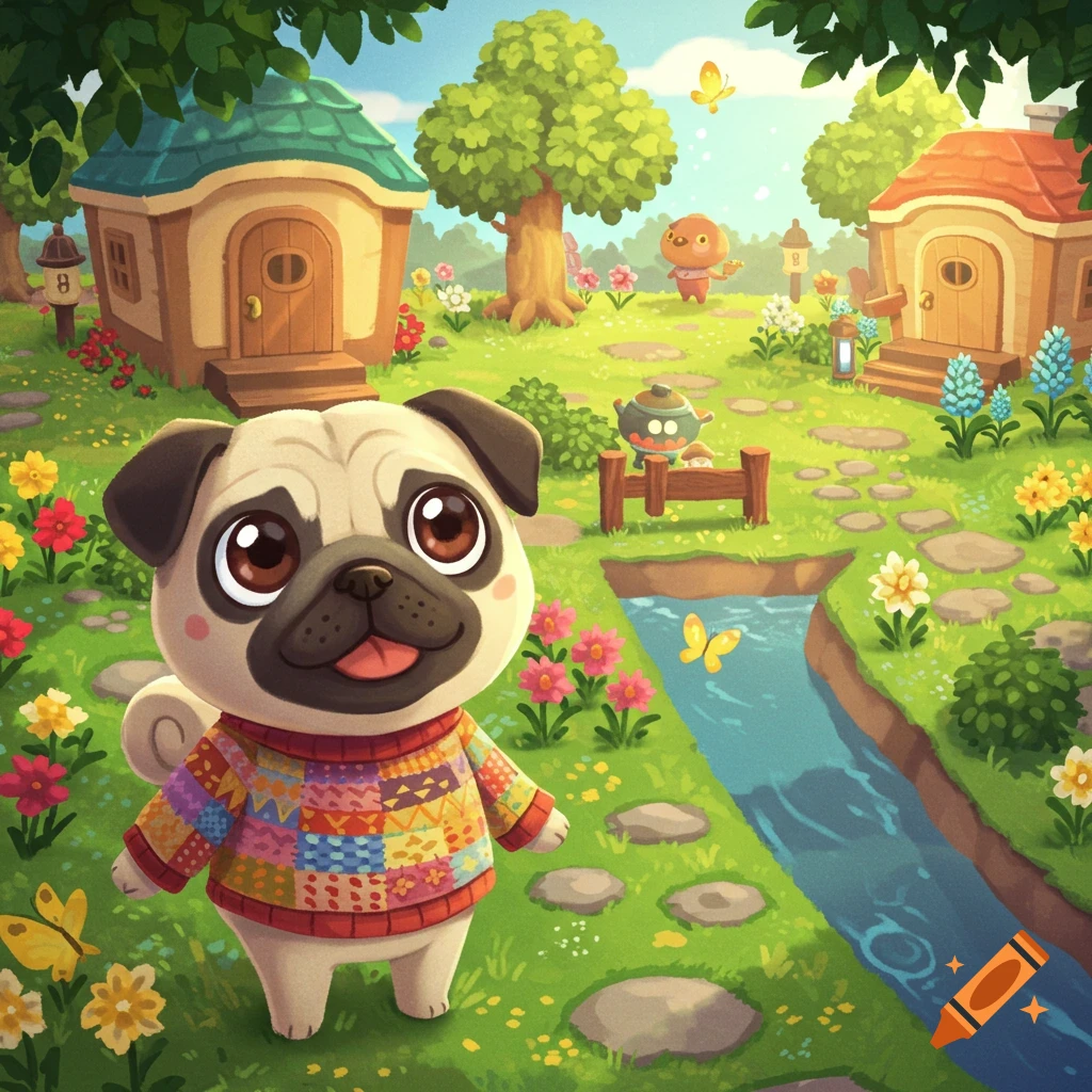 A cute, cartoon pug wearing a colorful sweater stands in a vibrant Animal Crossing-style village with houses, trees, and a stream.