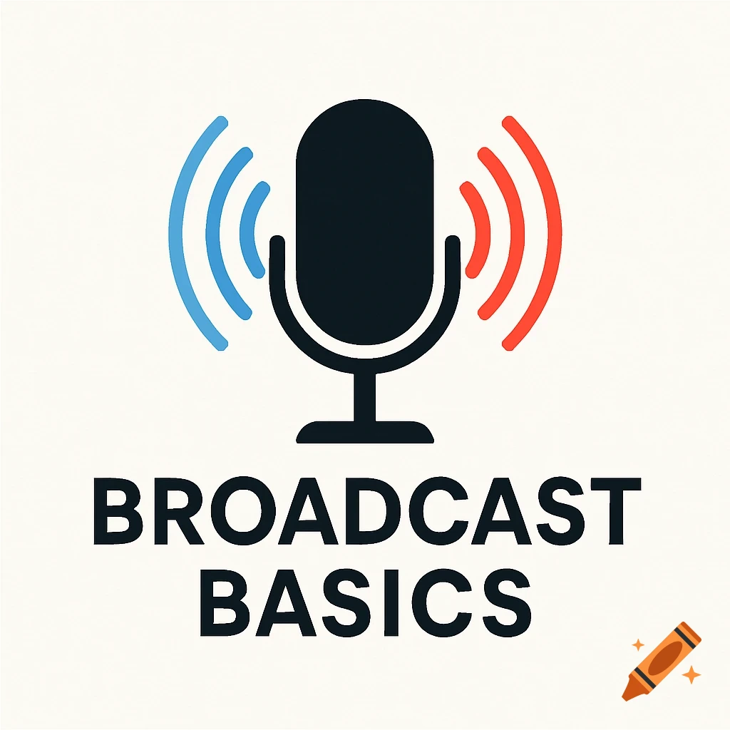 Minimalist logo for Broadcast Basics featuring a black microphone icon with blue and red sound waves.
