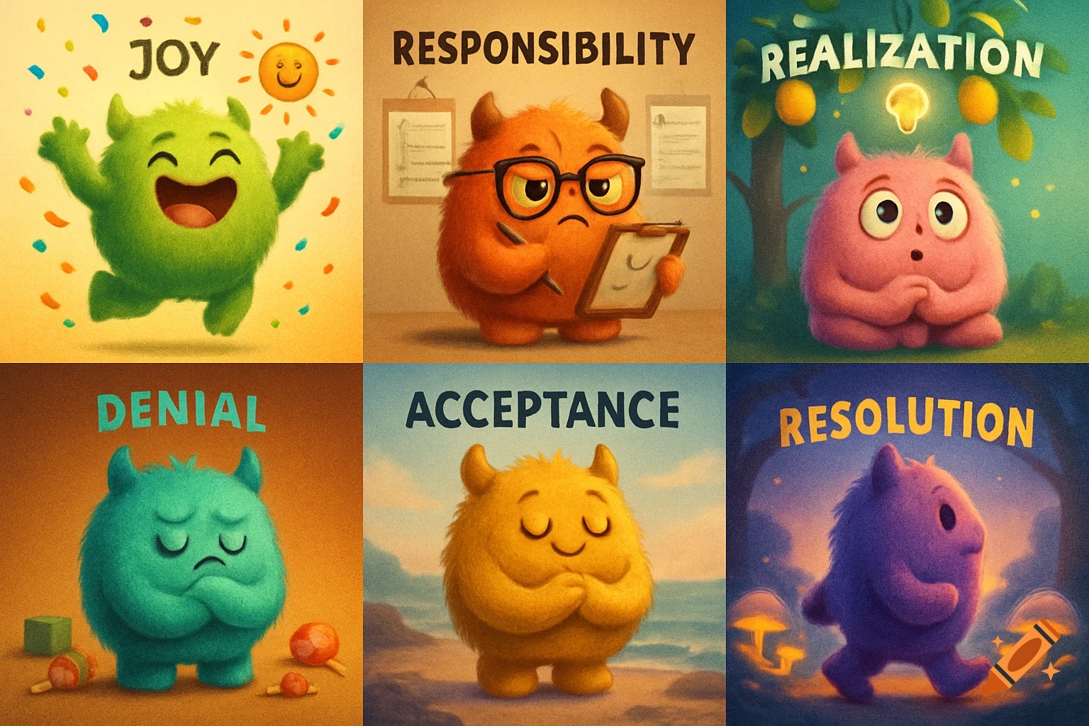 A grid of six panels, each with a cute, fluffy monster illustrating an emotion: Joy, Responsibility, Realization, Denial, Acceptance, Resolution.