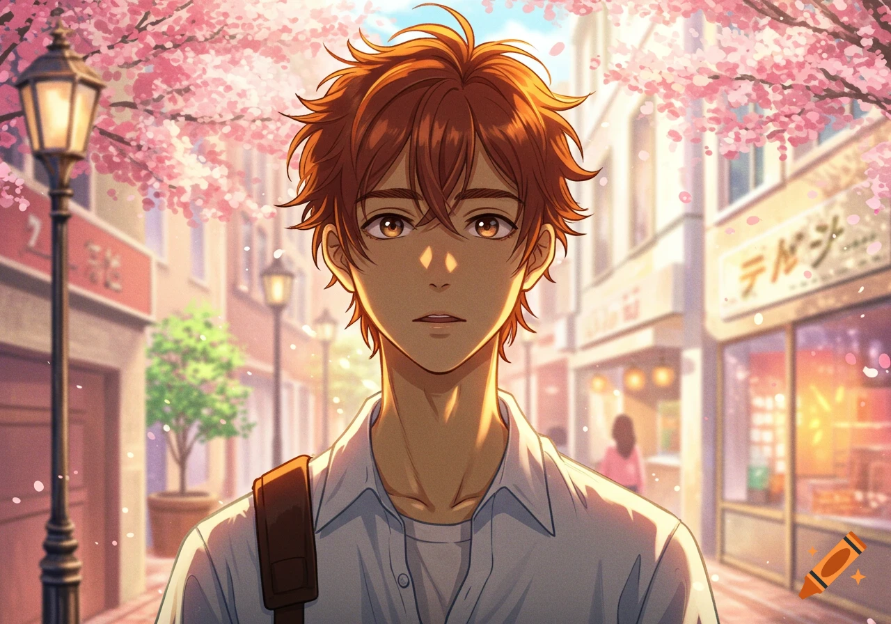 An anime man with reddish-brown messy hair and amber eyes looks forward. He wears a white shirt and a brown shoulder bag, standing on a cherry blossom-lined street with buildings in the background.