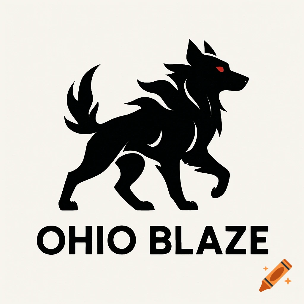 A black stylized wolf logo with red eyes, walking, above the text 'OHIO BLAZE' on an off-white background.