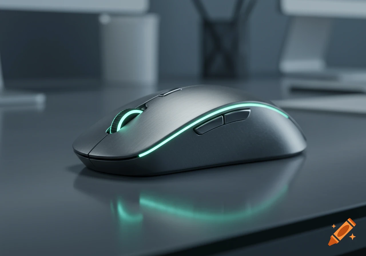 A sleek metallic gray computer mouse with bright green glowing accents rests on a dark, reflective desk.