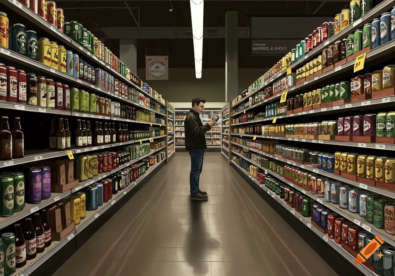 A shopper stands in the long beer and alcohol aisle of a grocery store, looking at a product on a shelf. Stylized illustration.