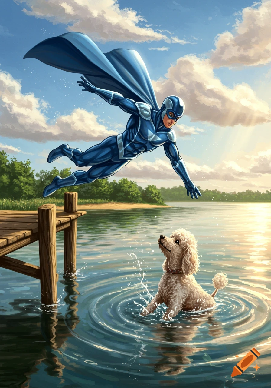 Blue-suited superhero flies above a wooden dock, looking at a white poodle splashing in a sunny lake. Comic art style.