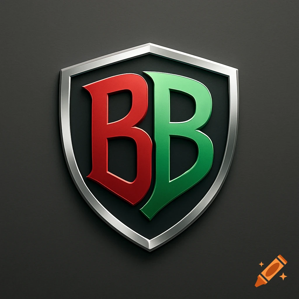 A metallic silver shield logo featuring a red 'B' and a green 'B' on a dark gray background.