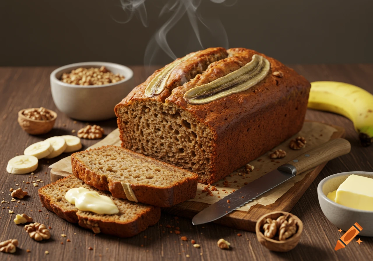 Photorealistic banana bread, sliced with butter, surrounded by walnuts and bananas on a wooden table.