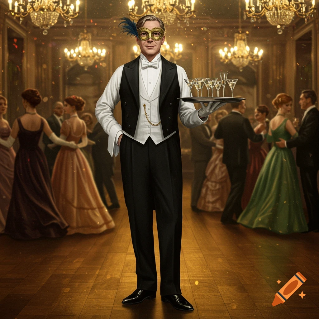 A masked butler holds a tray of champagne glasses in a grand ballroom with dancing couples under chandeliers.
