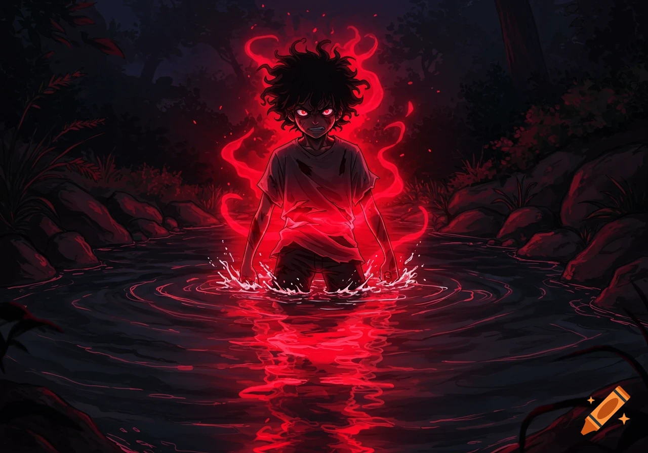Anime boy with messy black hair and intense red eyes, engulfed in a glowing red aura while standing in a dark, reflective stream.