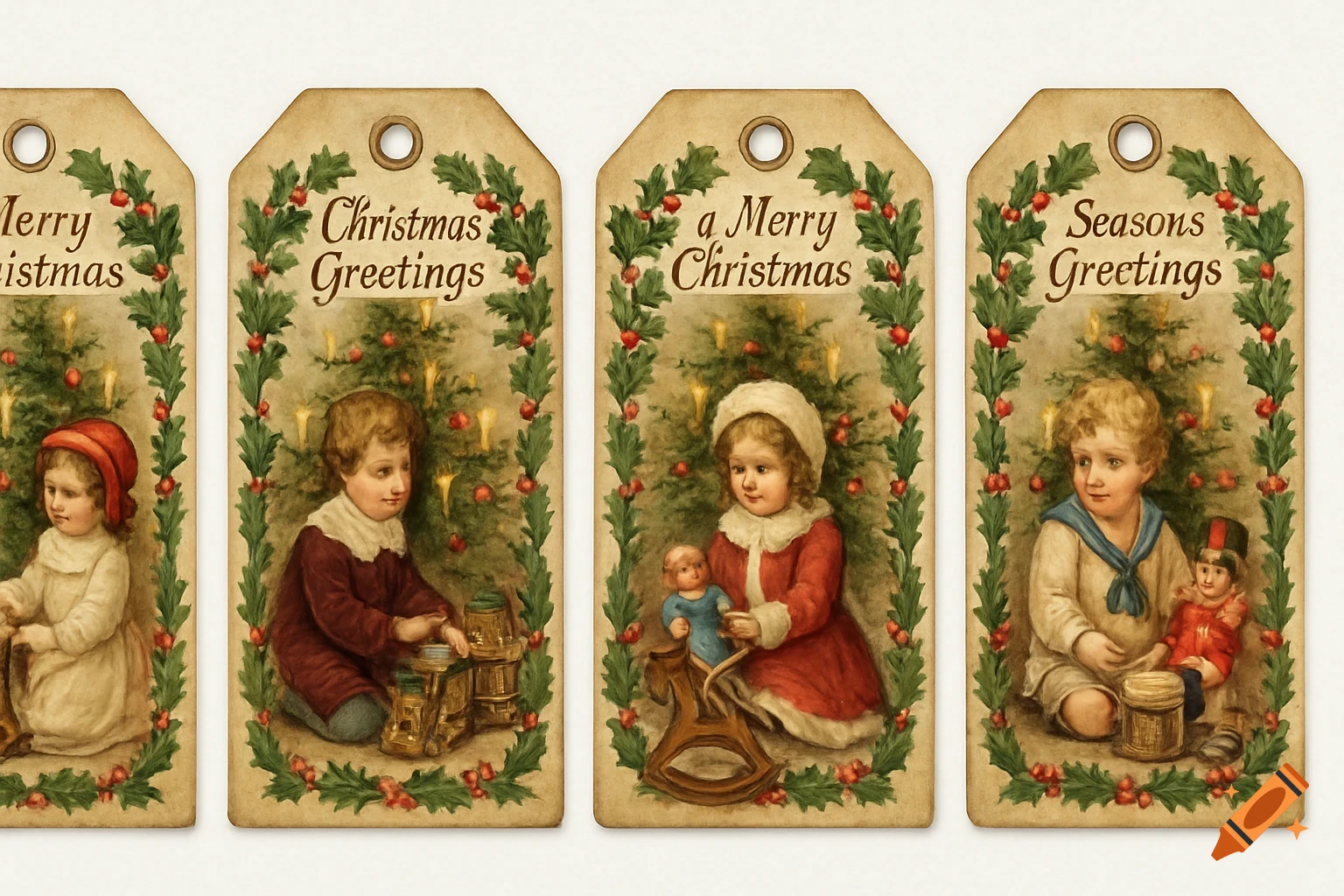 Four vintage Victorian Christmas journal tags, each featuring a child with toys, a Christmas tree, and holly garlands. Text includes 'Merry Cristmas', 'Christmas Greetings', 'a Merry Christmas', and 'Seasons Greetings'.