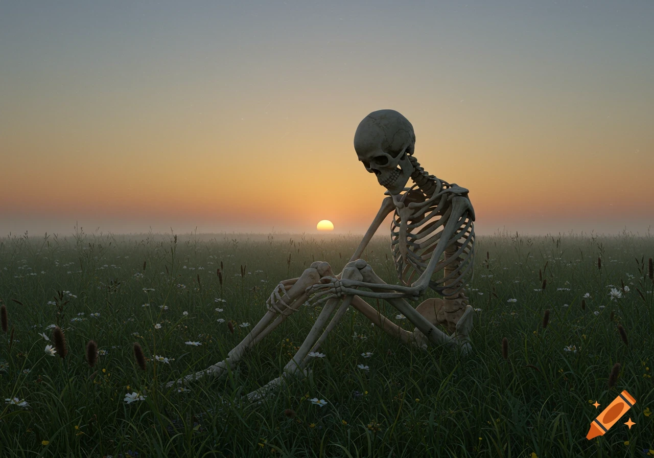 A skeleton sits contemplatively in a grassy field with wildflowers, holding its knees, as the sun sets over a misty horizon.